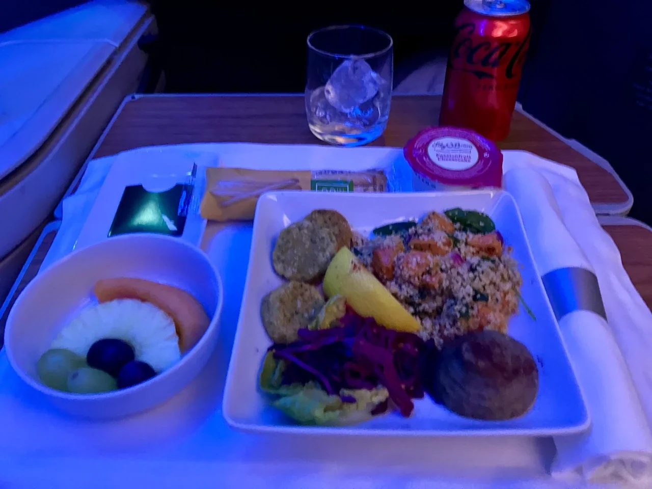 AA 235 FCO–JFK falafel prelanding meal