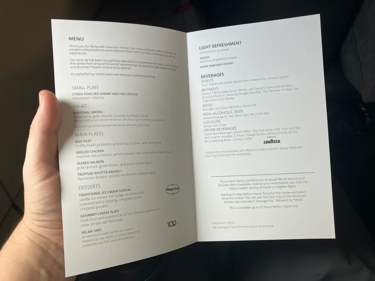 AA A321T Flagship Business menu