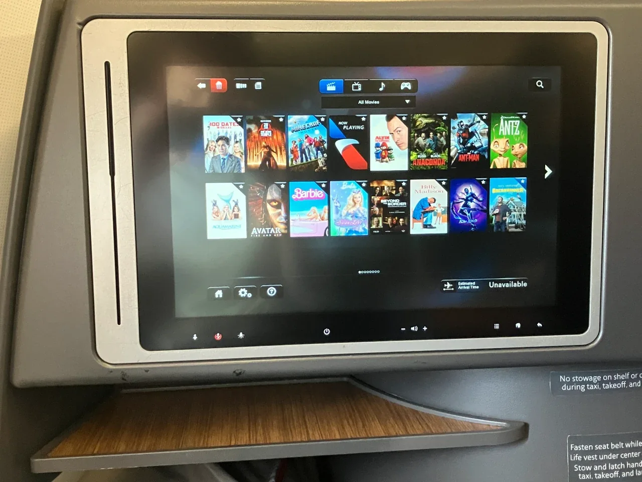 AA A321T seatback entertainment screen