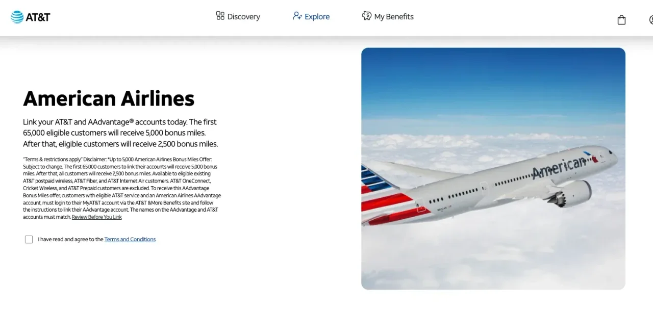 AT&T Perks offer page for 5,000 AAdvantage miles