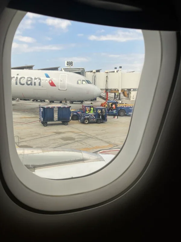 AA aircraft at the gate from the A321T window at LAX
