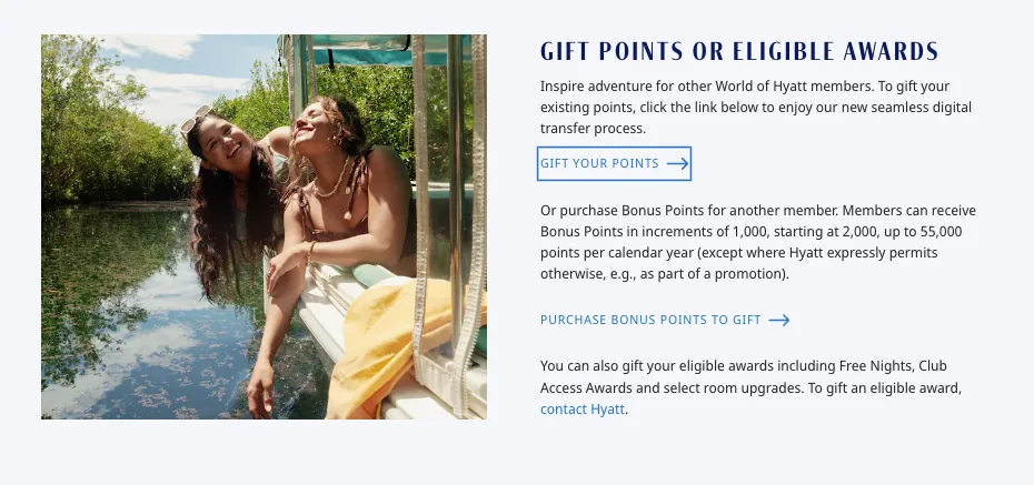 World of Hyatt online points transfer form showing recipient details and transfer amount fields