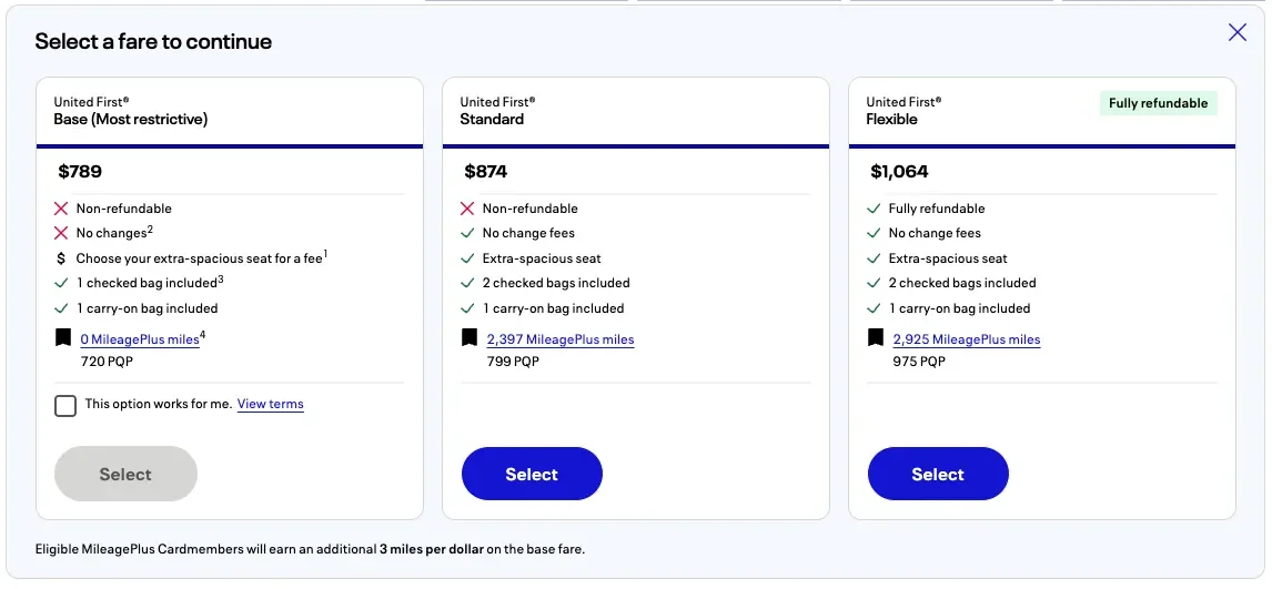 United First Base, Standard and Flexible fares for an IAD-SAN booking