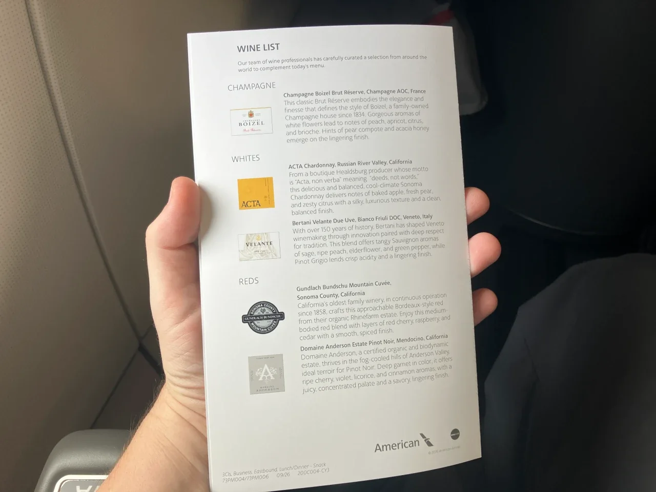AA A321T Flagship Business menu page